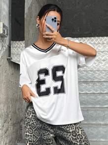 Muchica Women's Summer V-Neck Knitted Striped Sports Number Printed Drop Shoulder Loose T-Shirt - White - View 3