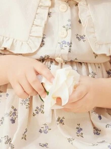 Cozy Pixies Baby Girl Short Sleeve Floral Pattern Dress With Ruffle Hem And Hat Set - Apricot - View 5