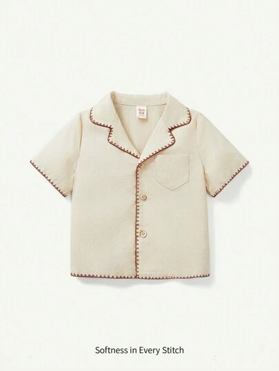 Cozy Pixies 嬰兒男童色塊裝飾海貝邊翻領短袖釦扣襯衫，夏季通勤休閒款，適用於家居、戶外和度假活動