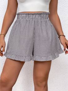 SHEIN LUNE Short taille élastiquée à rayures avec volant pour Femmes en taille Plus - Noir et Blanc - Voir 4