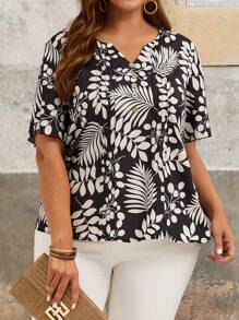 EMERY ROSE 夏季寬鬆款女式植物印花短袖襯衫，配木製鈕扣，大尺碼 - 彩色 - 查看 6