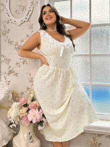 Plus Size Lace Neckline Colorblock & Printed Nightgown Long Dress, Elegant & Fashionable - Apricot - View 3