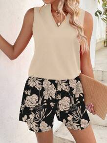 SHEIN LUNE Solid Color Sleeveless Vest With Floral Print Shorts Spring Summer Outfits - Apricot - View 5