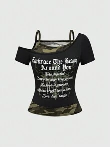 ROMWE Women's Summer Casual Camouflage Printed Asymmetric Collar Short Sleeve T-Shirt, Embrace The Beauty Around You Stay Hopeful Keep Believing Keep Growing Be Kind To Yourself Shine Bright Like A Star Live Love Laugh, School
