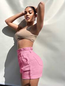 SHEIN SXY 紙袋腰捲邊牛仔短褲 - 粉色 - 查看 3