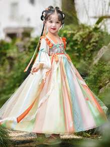 Young Girl Floral Embroidery Mesh Overlay Ruffle Trim Gown Hanfu Dress - Orange - View 3