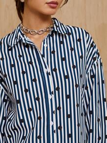 MONSE Designer Drop Shoulder Button-Down Stripe & Dots Printed Shirt Dress, Elegant Dress Outfit, For Holiday, Party, Vacation, Birthday Outfits, Spring & Summer, Festival, Ibiza Fits, Wedding Prom Dress - Blue - View 5