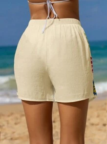 SHEIN Swim Summer Cover Up- Crochet Flower Patchwork Shorts On The Side (Random Color Crochet Flower Patchwork For Each Piece) - Apricot - View 2