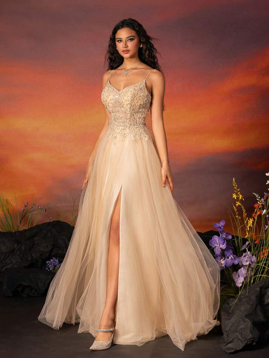 VIPGIRL Elegant Champagne Spaghetti Strap Beaded Tulle High-Slit Gown For Women, Long Formal Evening Dresses For Prom, Party, Wedding Guest, Graduation, And Dinner - Rượu sâm banh - Xem 1