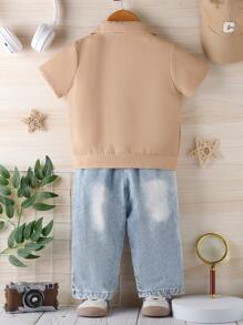 Baby Boys' Casual Fashionable Pocket Design Short Sleeve Jacket, T-Shirt, And Pants Set, Summer - Khaki - View 2