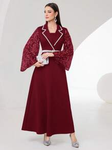 Modelyn 夏季對比綁定荷葉袖裙 - 酒紅色 - 查看 1