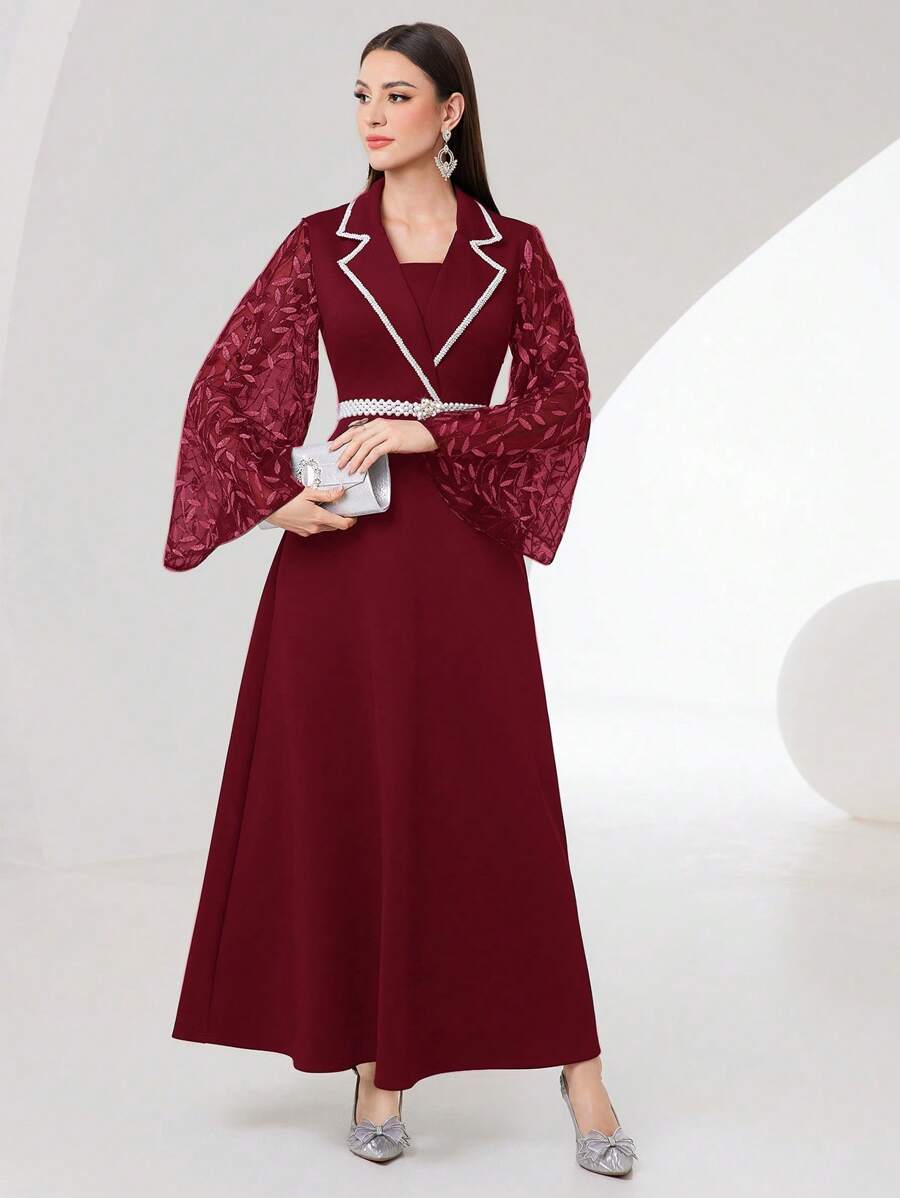 Modelyn 夏季對比綁定荷葉袖裙 - 酒紅色 - 查看 1