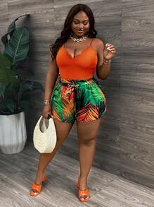 Slaydiva Summer Vacation Floral Camisole Top & Green Tropical Abstract Graffiti Print Loose Shorts Plus Size Women's 2pcs Set,Holiday Outfits Boho