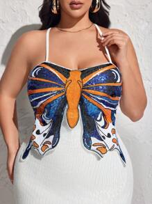 SHEIN SXY Plus Đầm bodycon hở lưng cổ in hình bướm - trắng - Xem 4