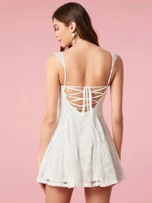 Enchnt 實心花邊荷葉邊肩帶系綁露背裙 - 白色 - 查看 6