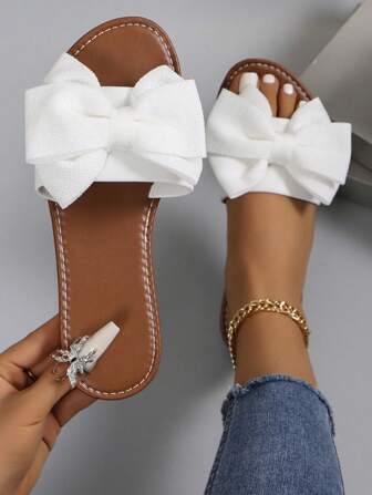 Europe And America New Style Strap Bow Decor Flat Sandals Women, Fashion Outdoor Slip-On Mules Valentines
