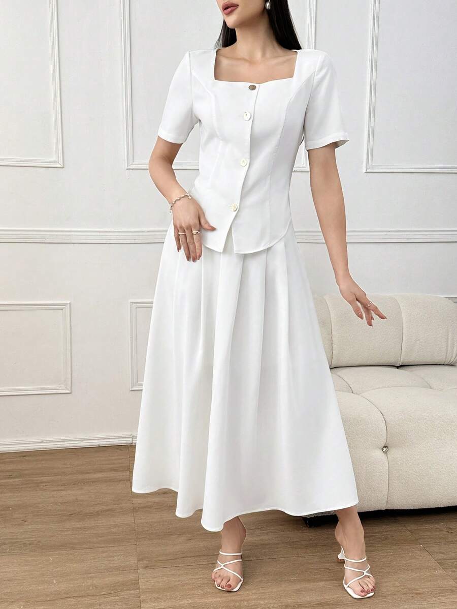 Modelyn Square Neck Button Front Blouse & Fold Pleated Skirt - White - View 1