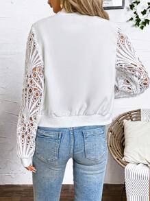 SHEIN Clasi Contrast Lace Lantern Sleeve Bomber Jacket,Fall Clothes - White - View 2