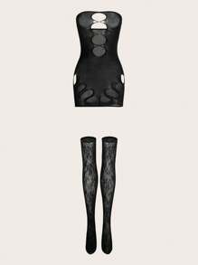 Vestido bandeau de mujer con calados y malla calada, con medias muslo alto, camisón sexy - Negro - Ver 1