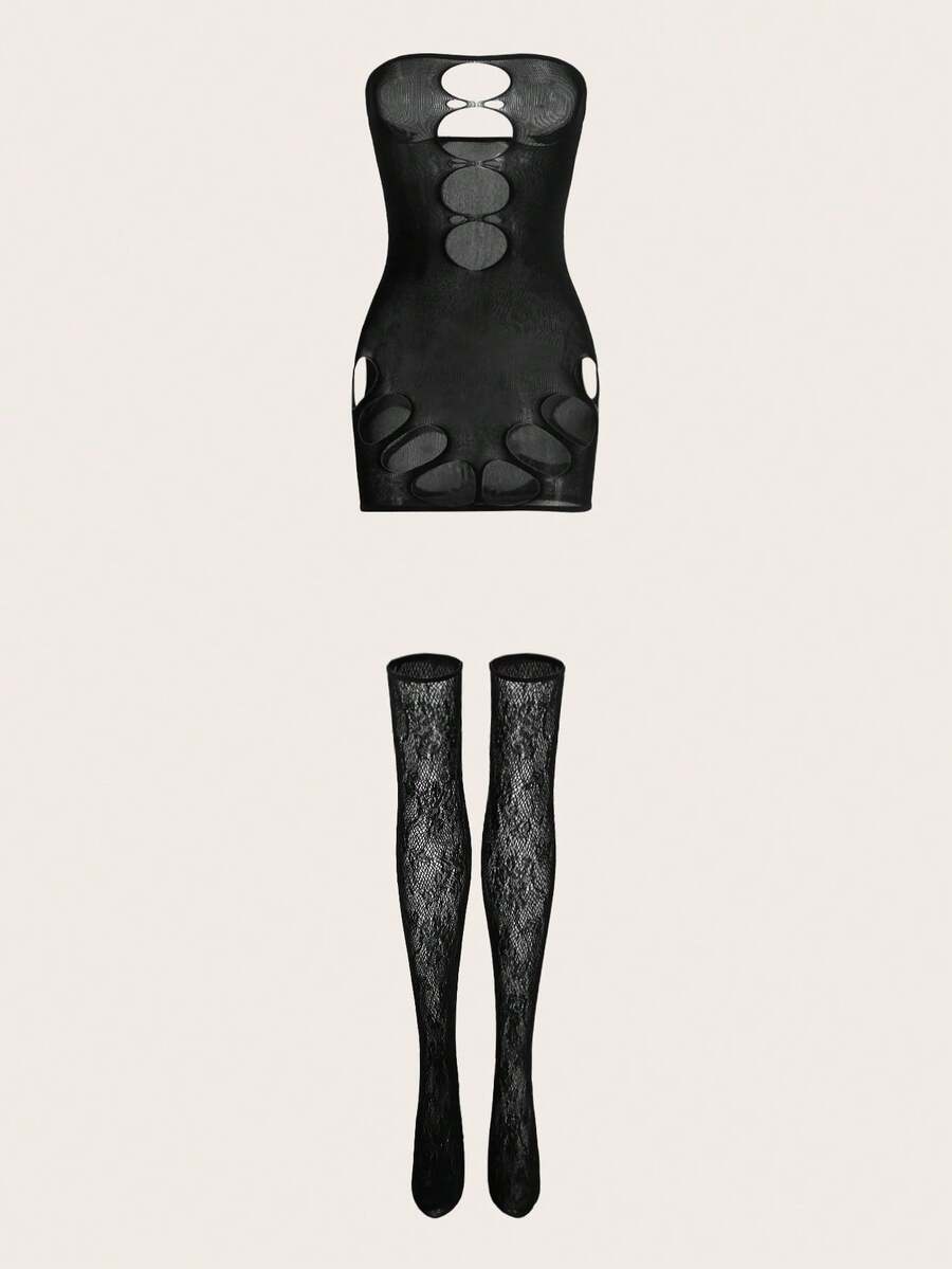 Vestido bandeau de mujer con calados y malla calada, con medias muslo alto, camisón sexy - Negro - Ver 1