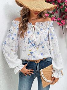 SHEIN VCAY Áo trễ vai in hoa tay áo có nút thắt phía trước - Nhiều màu - Xem 1