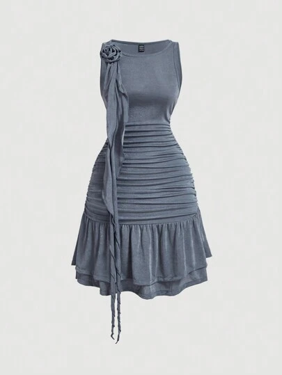 SHEIN MOD Women's Round Neck Sleeveless Slim Fit Gray Dress, Mini Dress,,Concert Women Outfit,Sexy Party DressThree-Dimensional Floral Streamer Dress, Ruffle Glitter Fabric Dress, Party Dress, Music Festival Dress, Daily Outing Dress