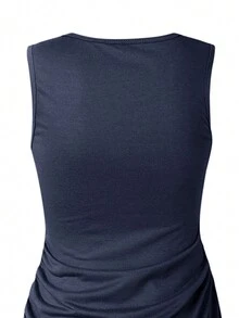 Solid Ruched Side Tulip Hem Tank Dress - Navy Blue - View 5
