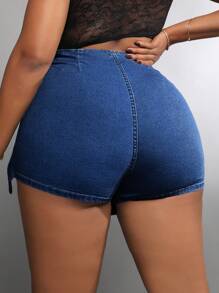 SHEIN SXY Plus 裹身家居牛仔短褲 - 深色水洗藍 - 查看 5