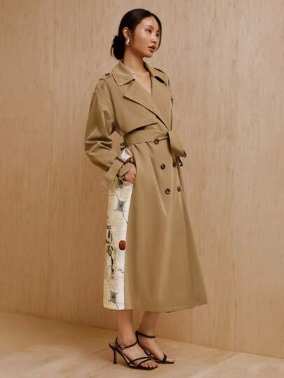MONSE Designer Business Casual Combo Printed Belted Trench Coat, Fall, For Autumn & Winter, Holiday, Going Out, Festival