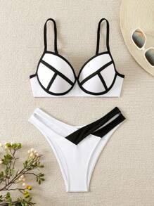 SHEIN Swim Bộ bikini gợi cảm đi biển mùa hè dành cho nữ - Đen và trắng - Xem 1