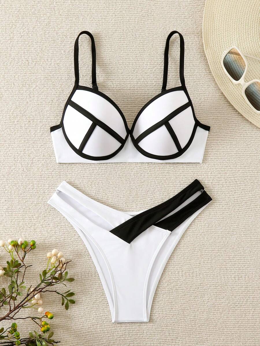 SHEIN Swim Bộ bikini gợi cảm đi biển mùa hè dành cho nữ - Đen và trắng - Xem 1