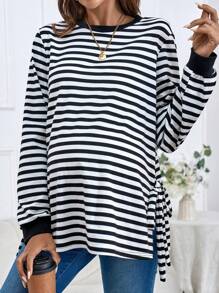 SHEIN Maternity Striped Print Knot Side Sweatshirt With Long Sleeve, For Winter - Black and White - View 4