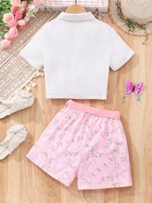 SHEIN Set de ținute cu top brodat și pantaloni scurți imprimați pentru fete adolescente