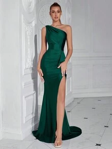 ADYCE 1pc Women's Solid Color One Shoulder Ruffle Hem Split Hem Skirt Dress, Party Cocktail Dress - Dark Green - View 4