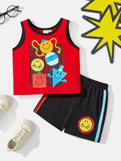 Mr Men Little Miss X SHEIN Baby Boy Red Casual Tank Top With Cartoon Letter Print And Black Color-Blocked Shorts Casual Set