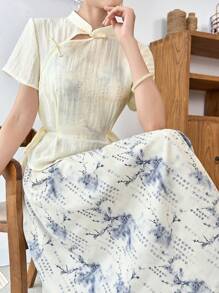 Modelyn Solid Bow Front Top & Floral Print Cami Dress Elegant Hanfu Sets, Hanfu Sets - Multicolor - View 1