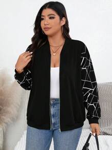 SHEIN Essnce 大码女式棒球夹克外套，秋季女装冬季女装，冬季服装冬季夹克，黑色拉链冬季上衣，冬季女装外套女士外套女士夹克女士开衫 - 黑色 - 查看 7