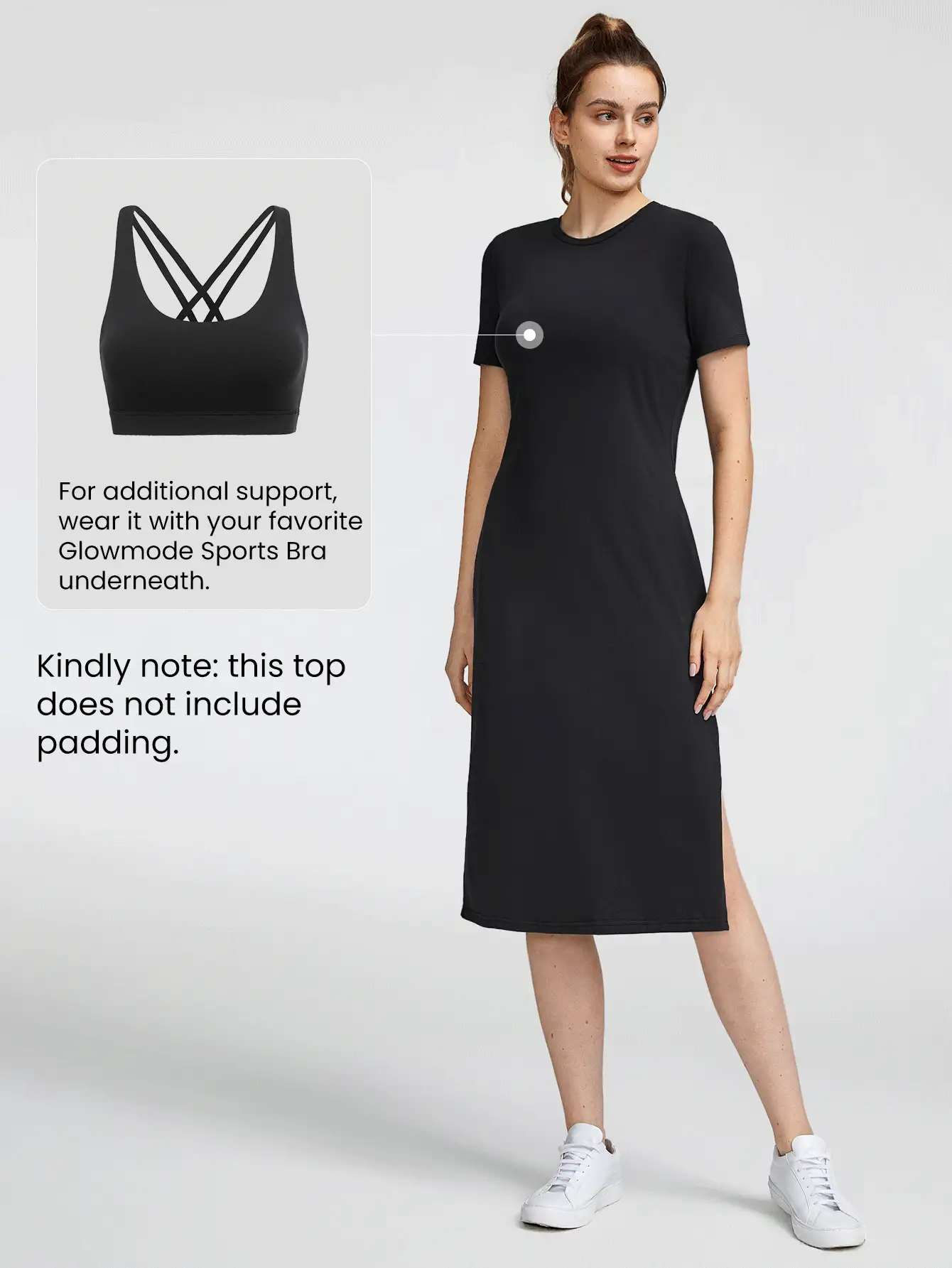 GLOWMODE Pima Cotton Side Slit Midi Dress Daily Casual - Black - View 5