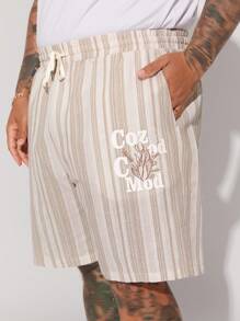 Manfinity VCAY 2入組男性大尺碼休閒編織條紋寬鬆落肩POLO衫和直筒腰帶短褲套裝，適用於夏日日常穿著 - 彩色 - 查看 5