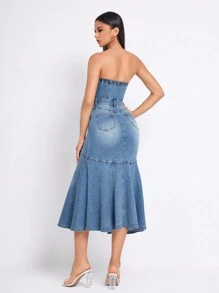 Button Front Split Thigh Tube Denim Dress - Blue - View 8