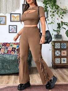 Flirla Plus Size Áo dệt kim tay ngắn khoét rỗng và quần dài tua rua 2 cái/bộ - màu nâu - Xem 3