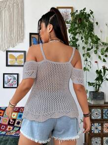 Sunnyshic Plus Size Women's Off Shoulder Floral Crochet Knitted Top - Grey - View 2