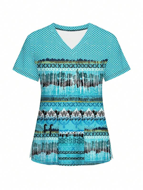 Vintage Geometric Print Short Sleeve Scrub Top