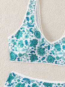 SHEIN Swim 女士花卉印花度假泳装套装，带分离式比基尼套装和比基尼套装下装，随机花卉印花夏季海滩 - 彩色 - 查看 4
