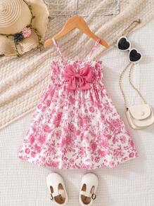 寶寶女孩夏季服裝，新古典天藍色印花花朵裙，可愛優雅每日休閒穿搭 - 粉色 - 查看 1