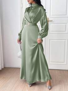 Modelyn Solid Mock Neck Dress Without Belt For Dailywear Long Evening Dresses - Green - View 3