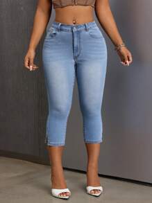 SHEIN SXY 女性休閒牛仔褲，帶開叉裾和口袋的七分褲 - 藍色 - 查看 6