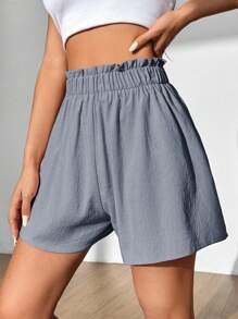 SHEIN MOOSTA Women Summer Solid Paperbag Waist Wide Leg Flowy Shorts - Grey - View 5