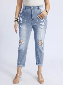 Vaqueros de talla grande para mujer con pierna recta y detalles desgastados con bolsillos - Lavado ligero - Ver 3