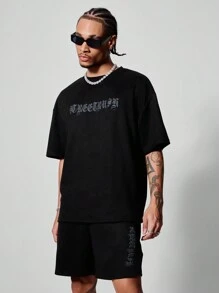 Manfinity Streetrush Conjunto de camiseta casual de manga corta con cuello redondo estampado de alas de verano para hombre y pantalones cortos con cintura con cordón